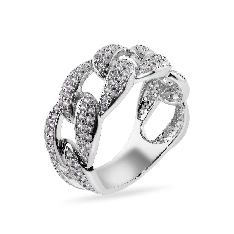 Ladies rings Asian styles-Rhodium Plated 925 Sterling Silver Curb Clear CZ 11.2mm Ring - GMR00396