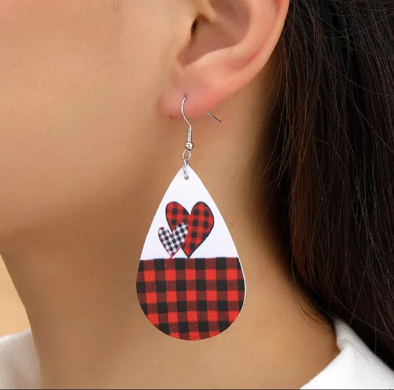 Ladies earrings sentimental value-Leather Plaid Hearts Drop Earrings