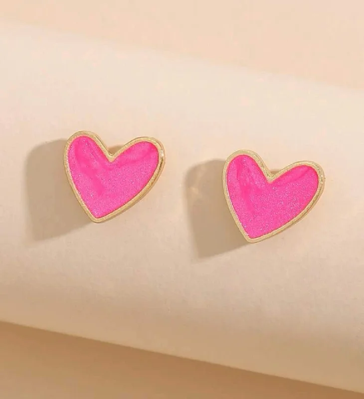 Ladies earrings boho flair-Dainty Pink Heart Stud Earrings