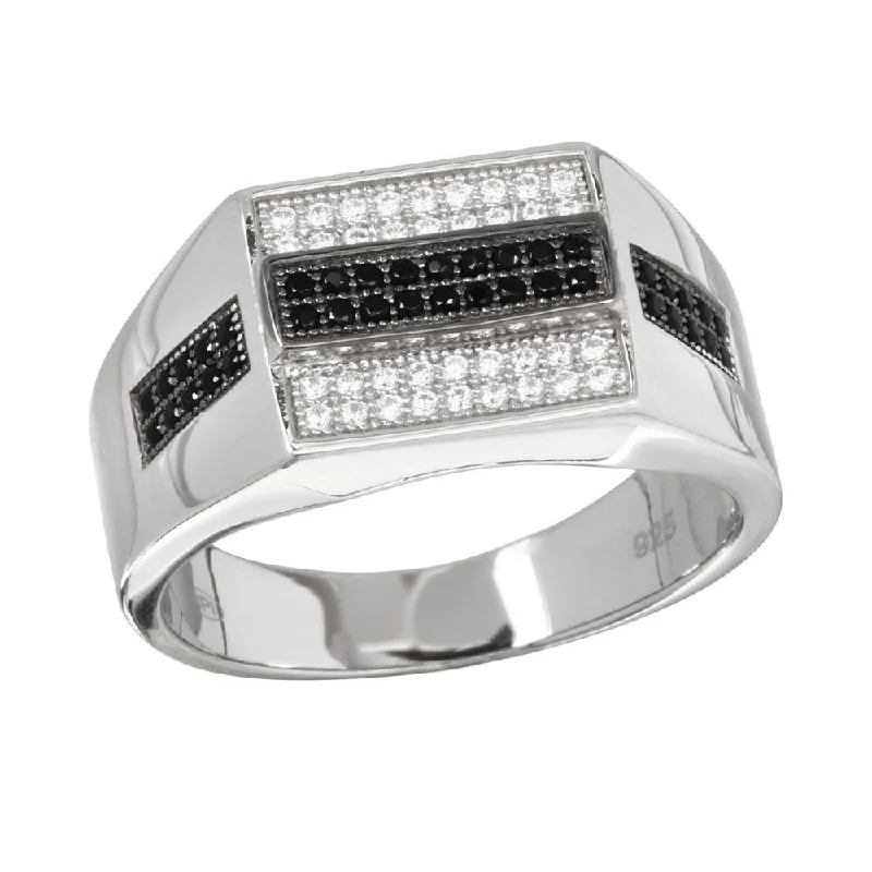 Ladies rings luxury brands-Rhodium Plated 925 Sterling Silver Rectangle Black and Clear CZ Ring - GMR00216RB