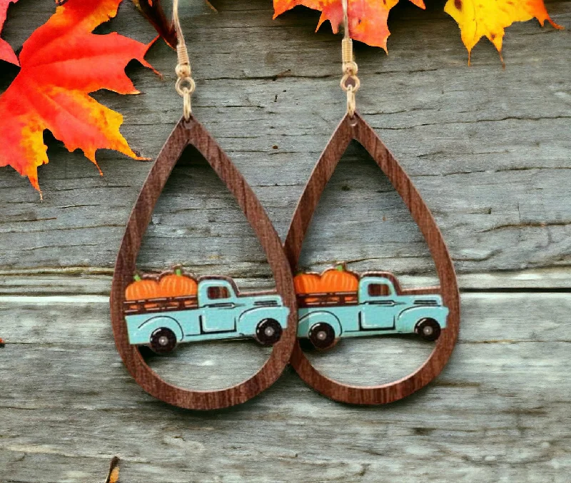 Ladies earrings sapphire stones-Wooden Vintage Pumpkin Truck Earrings