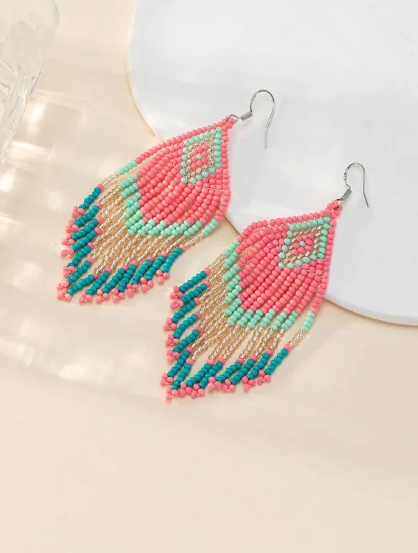 Ladies earrings mature styles-Beautiful Pink and Blue Beaded Tassel Earrings