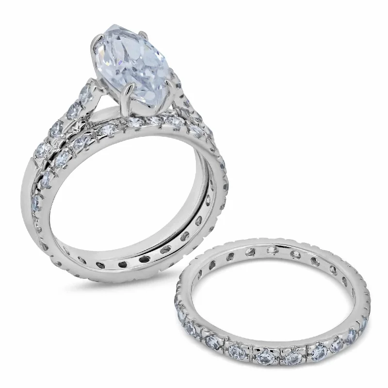 Ladies rings creative designs-Silver 925 Rhodium Plated Clear Marquise Center Round CZ Bridal Ring Set - BGR00249