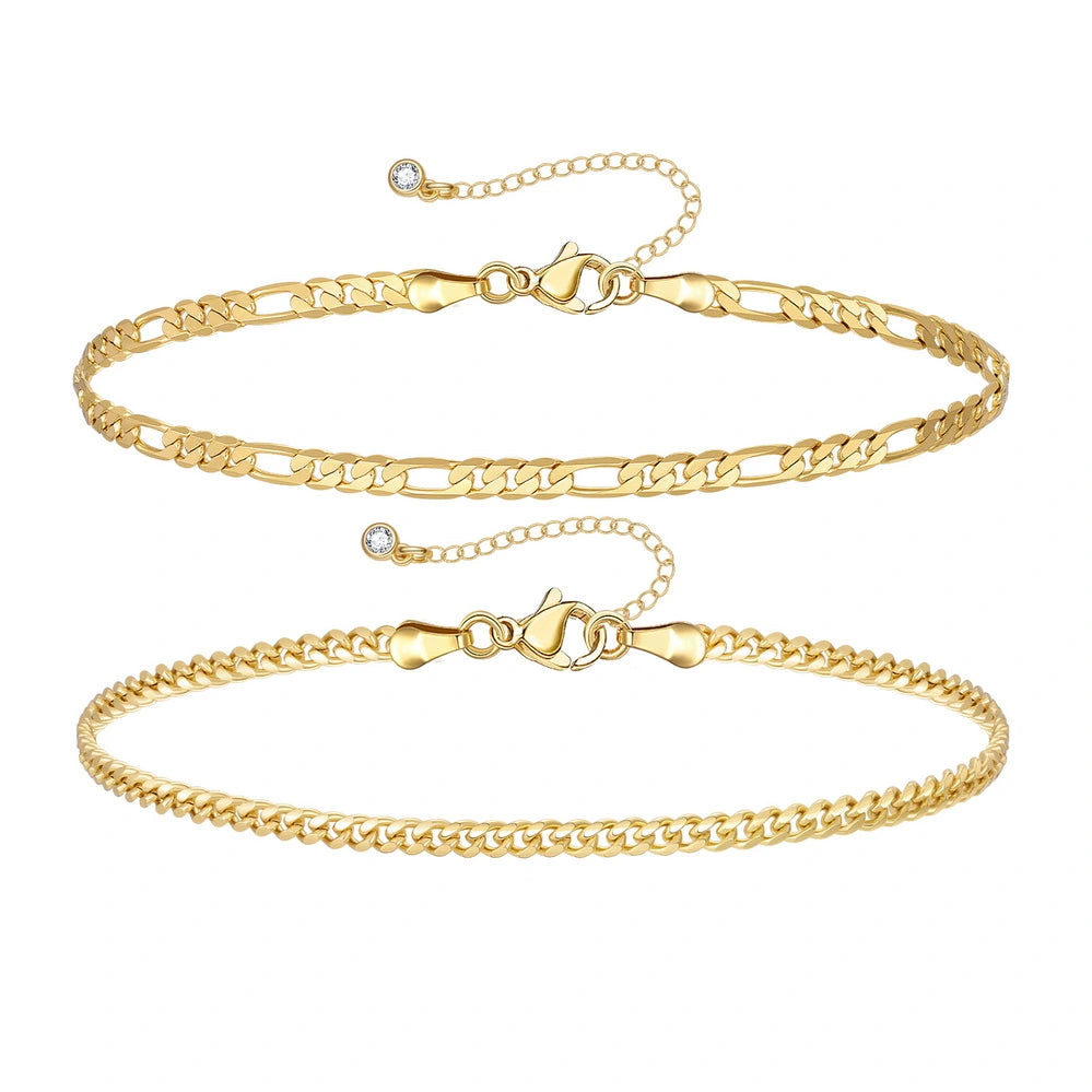 Ladies bracelets mature styles-Dainty 14k Gold Plated Layering Anklets Bracelets Set-Figaro & 3mm cuban