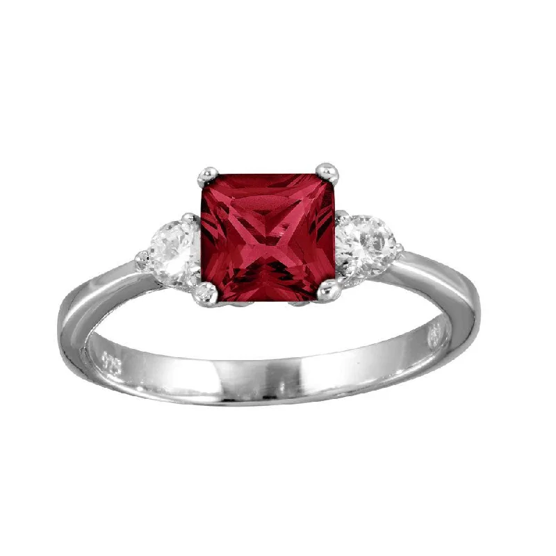 Ladies rings middle finger-Rhodium Plated 925 Sterling Silver Red CZ Center Stone Ring - BGR01138RED