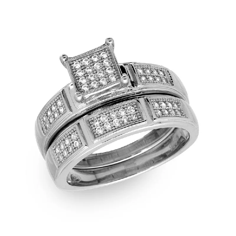 Ladies rings cute accents-Silver 925 Rhodium Plated Square Pave Center Trio Bridal Ring - GMR00174