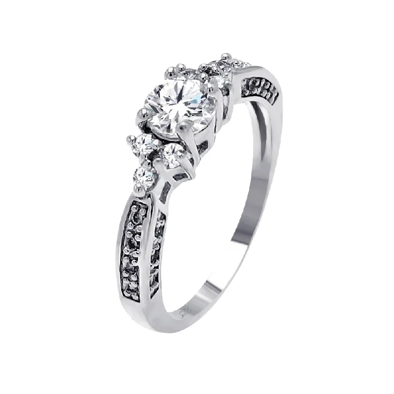 Ladies rings geometric patterns-Silver 925 Rhodium Plated Clear Round Center CZ Bridal Ring - BGR00466