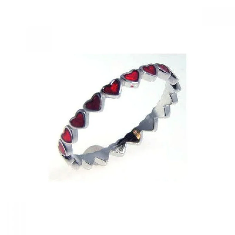 Ladies rings silver finishes-Silver 925 Rhodium Plated Red Enamel Eternity Heart Ring - STR00527