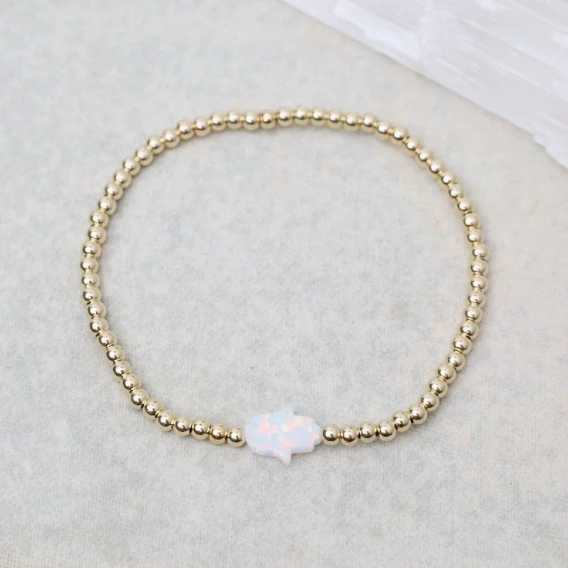 Ladies bracelets gift choices-White Opal Hamsa Gold Filled Ball Bracelet