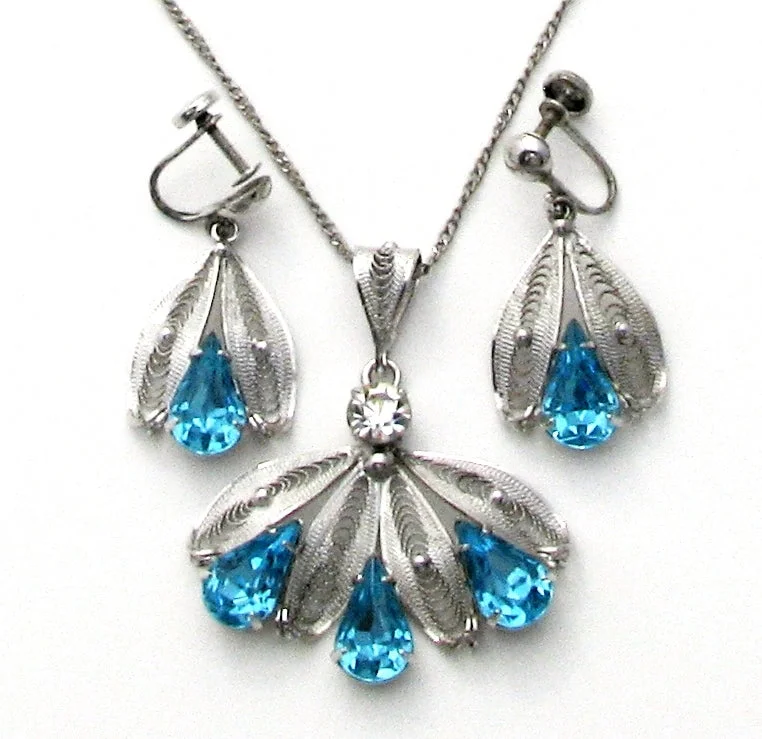 Ladies necklaces engraved names-Blue Rhinestone Lavalier Silver Necklace Set