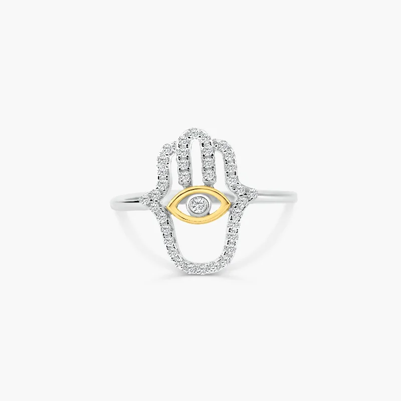 Ladies rings top brands-925 Sterling Silver 2 Toned Plated Hamsa Hand Clear CZ Ring - BGR01359