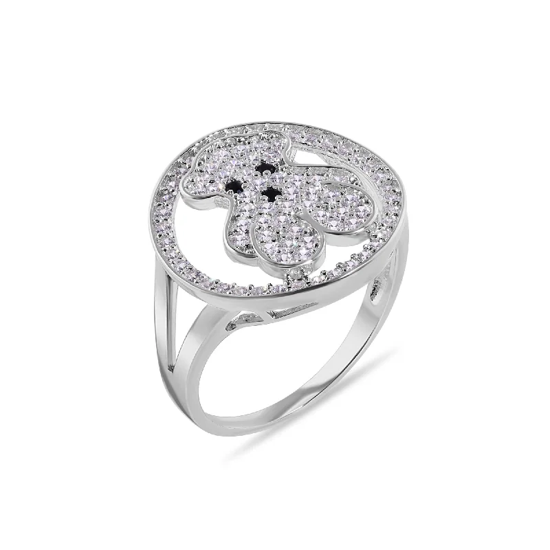 Ladies rings price range-Rhodium Plated 925 Sterling Silver Teddy Bear Round Top Clear CZ Studded 16.9mm Ring - GMR00408