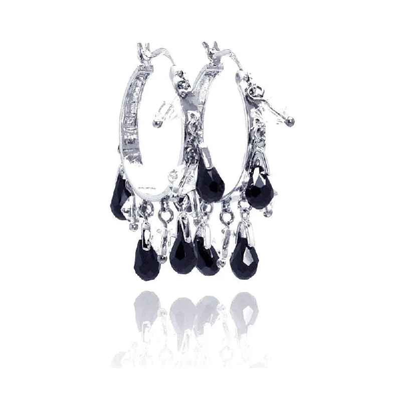 Ladies earrings silver finishes-Clearance-Silver 925 Rhodium Plated Clear Black Teardrop Chandelier Dangling Earrings - BGE00020