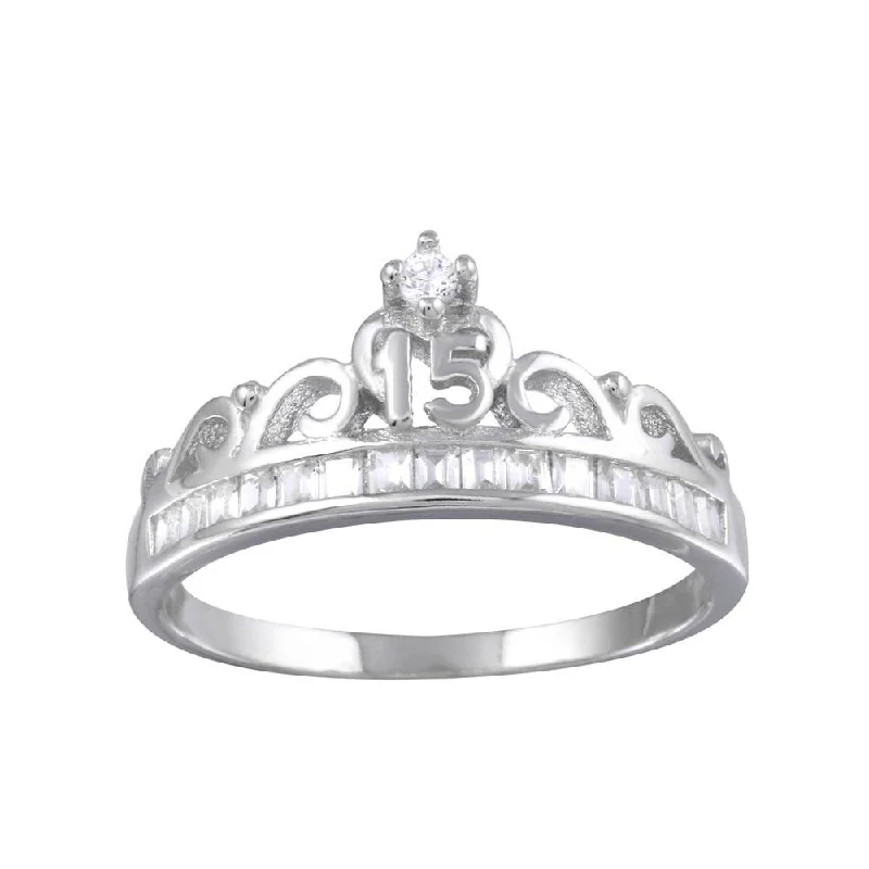 Ladies rings wedding accessories-Rhodium Plated 925 Sterling Silver Crown 15 Ring with CZ - TMR00006