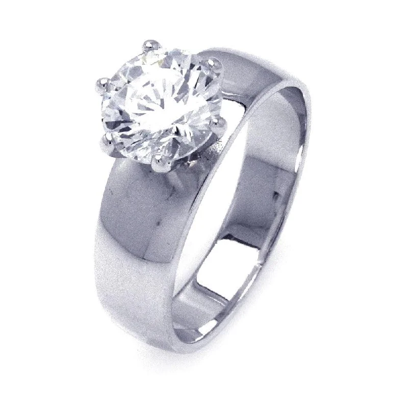 Ladies rings heart shapes-Silver 925 Rhodium Plated Solitaire CZ Wide Ring - STR00777