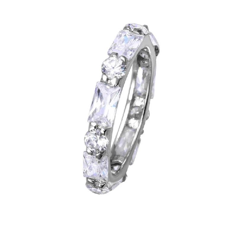 Ladies rings synthetic jewels-Silver 925 Rhodium Plated Clear Baguette Clear CZ Eternity Ring - STR00516