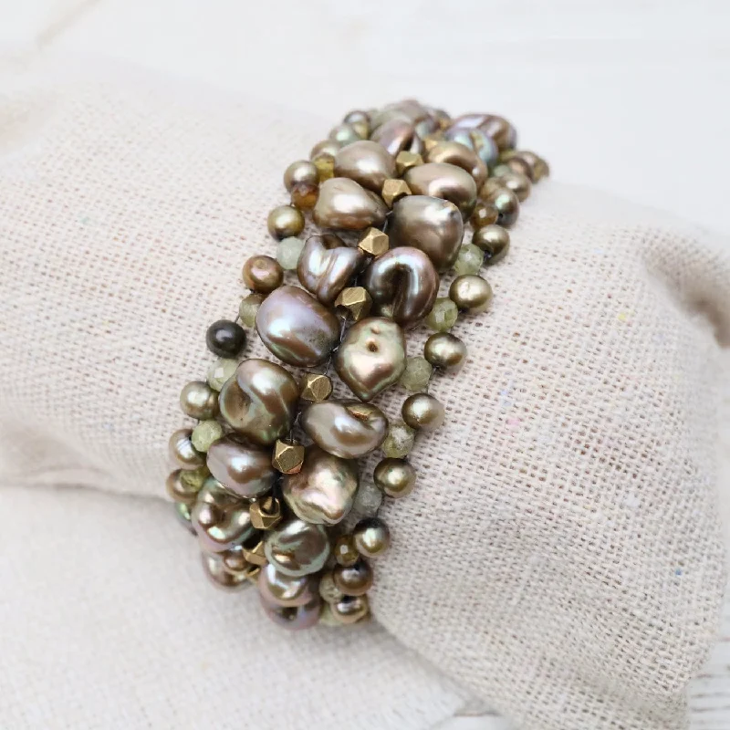 Ladies bracelets casual vibes-Hand Woven Soft Bracelet of Grey-Green Pearls