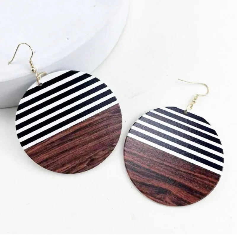 Ladies earrings chandelier trends-Round Black and White Striped Wood Earrings