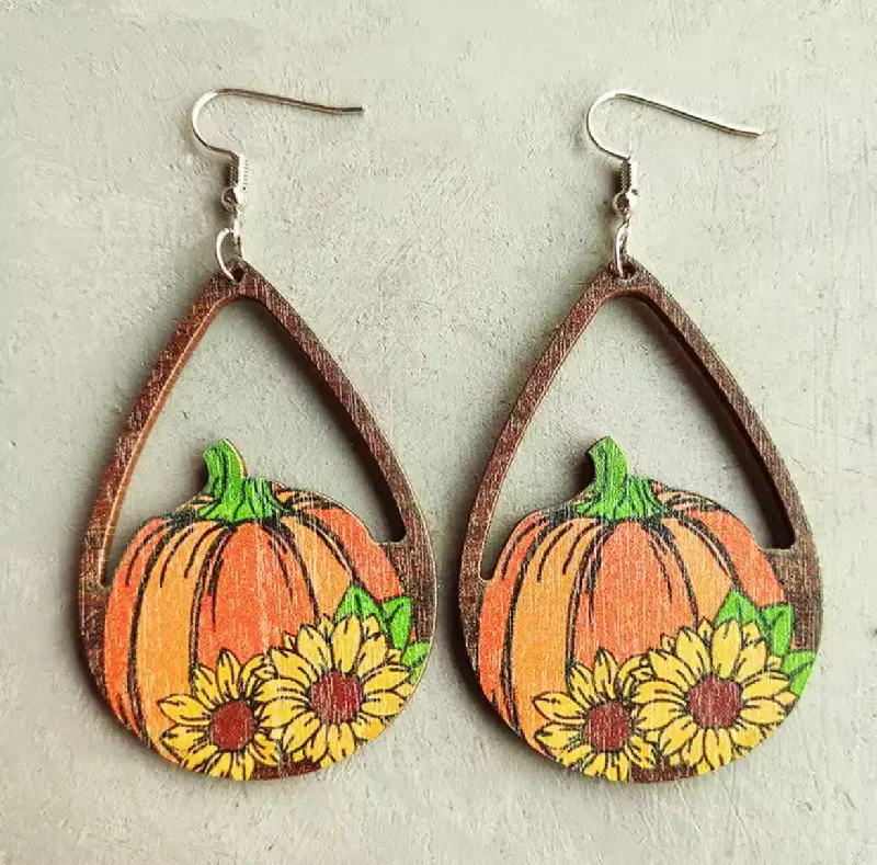 Ladies earrings sapphire stones-Wooden Fall Pumpkin Drop Earrings