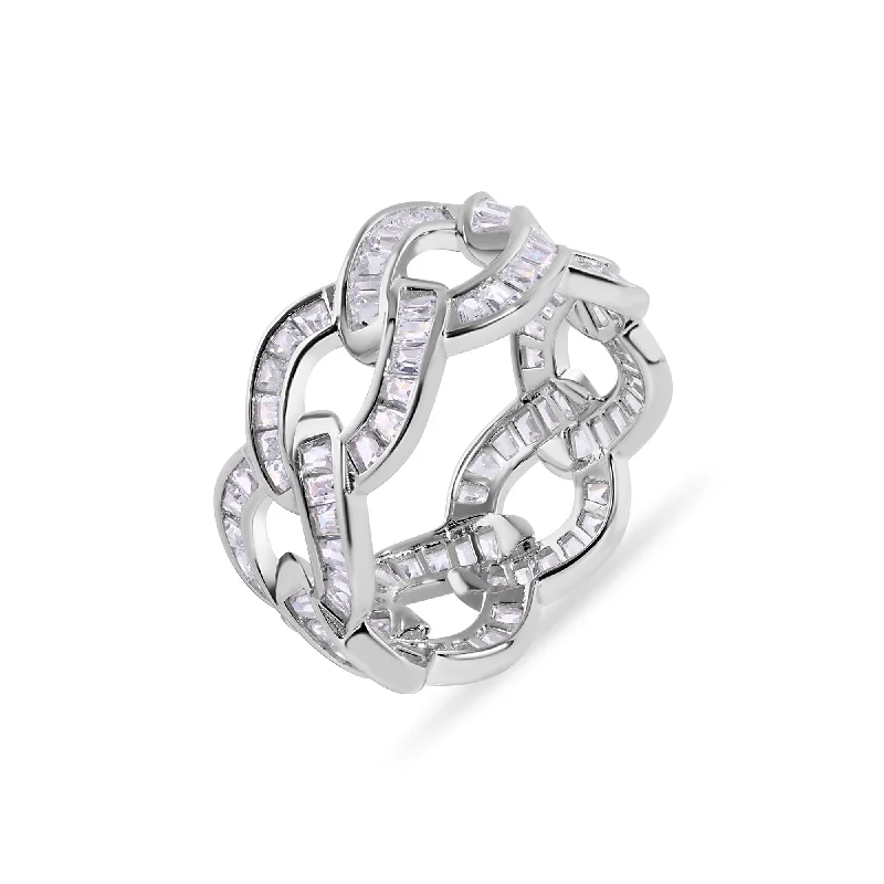 Ladies rings geometric patterns-Rhodium Plated 925 Sterling Silver Curb Baguette Clear CZ 10.3mm Ring - GMR00399