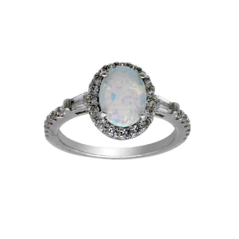 Ladies rings handmade pieces-Rhodium Plated 925 Sterling Silver Oval Halo Opal CZ Ring - BGR01304