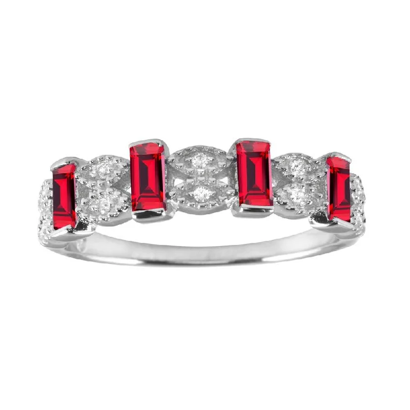 Ladies rings gothic appeal-Rhodium Plated 925 Sterling Silver Red Bar CZ Link Ring  - BGR01223RED