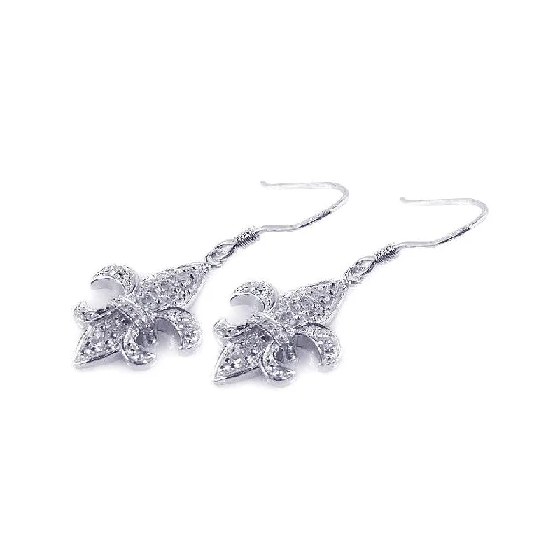 Ladies earrings minimalist looks-Silver 925 Rhodium Plated Fleur De Lis CZ Hook Dangling Earrings - STE00528