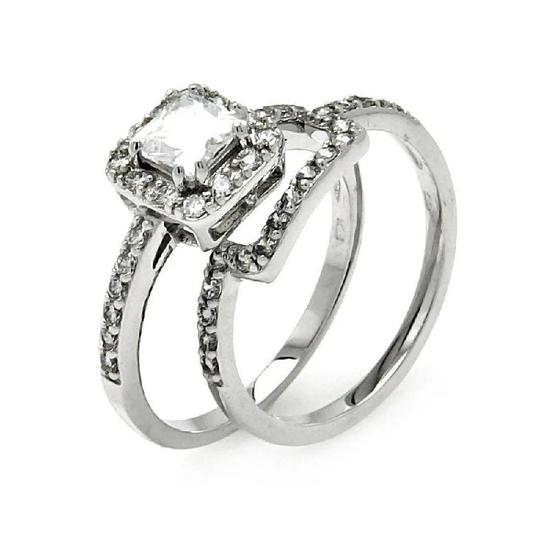 Ladies rings 2025 trends-Silver 925 Rhodium Plated Princess Cut Clear CZ Square Bridal Ring Set - BGR00453