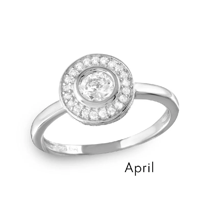 Ladies rings ruby gems-April Sterling Silver 925 Rhodium Plated CZ Center Birthstone Halo Ring - BGR01082APR