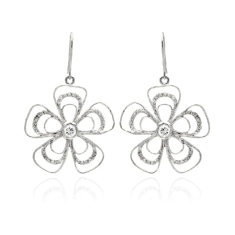 Ladies earrings holiday gifts-Clearance-Silver 925 Rhodium Plated Open Flower CZ Dangling Hook Earrings - BGE00232