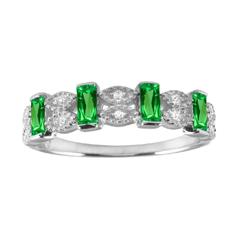 Ladies rings wedding accessories-Rhodium Plated 925 Sterling Silver Green Bar CZ Link Ring - BGR01223GRN