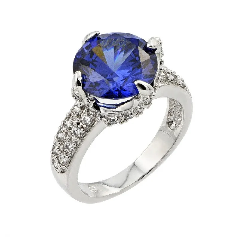 Ladies rings casual vibes-Silver 925 Rhodium Plated Round Blue Center and Clear Micro Pave Set CZ Bridal Ring - BGR00779