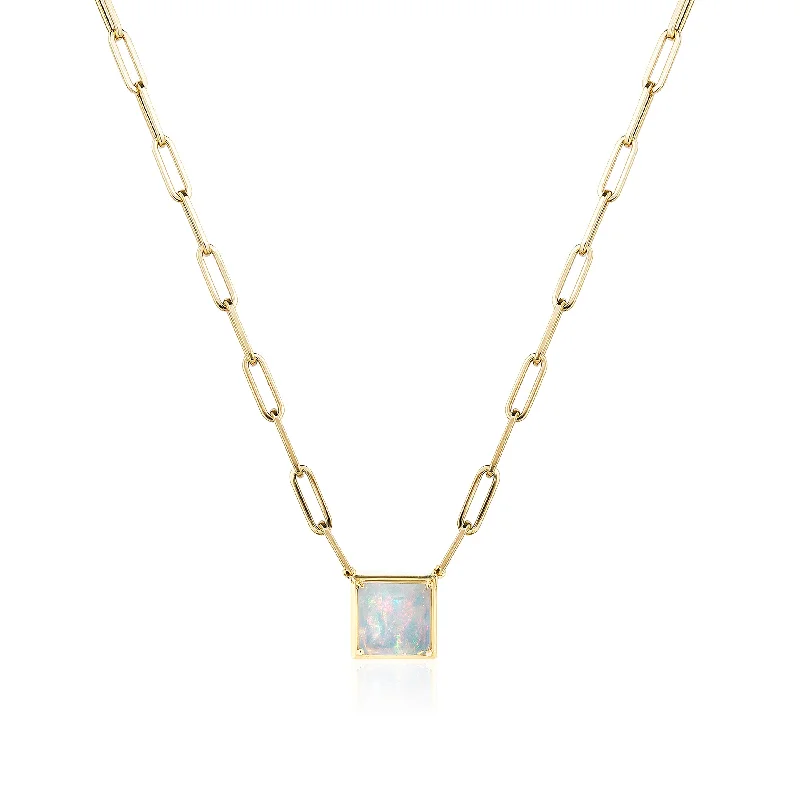 Ladies necklaces office elegance-Square Opal Pendant Necklace