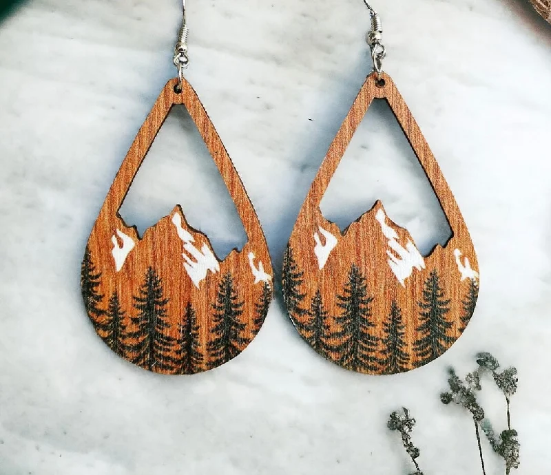 Ladies earrings budget picks-Snowy Mountain Forest Wooden Earrings