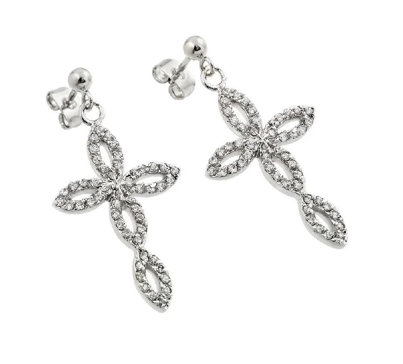 Ladies earrings stud designs-Silver 925 Rhodium Plated Open Marquis Cross CZ Dangling Earrings - BGE00291