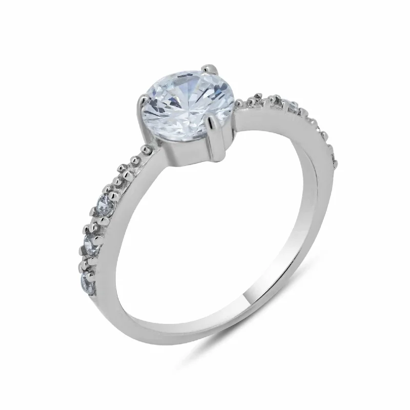 Ladies rings lightweight picks-Silver 925 Rhodium Plated Round Center Clear CZ Bridal Ring - BGR00539