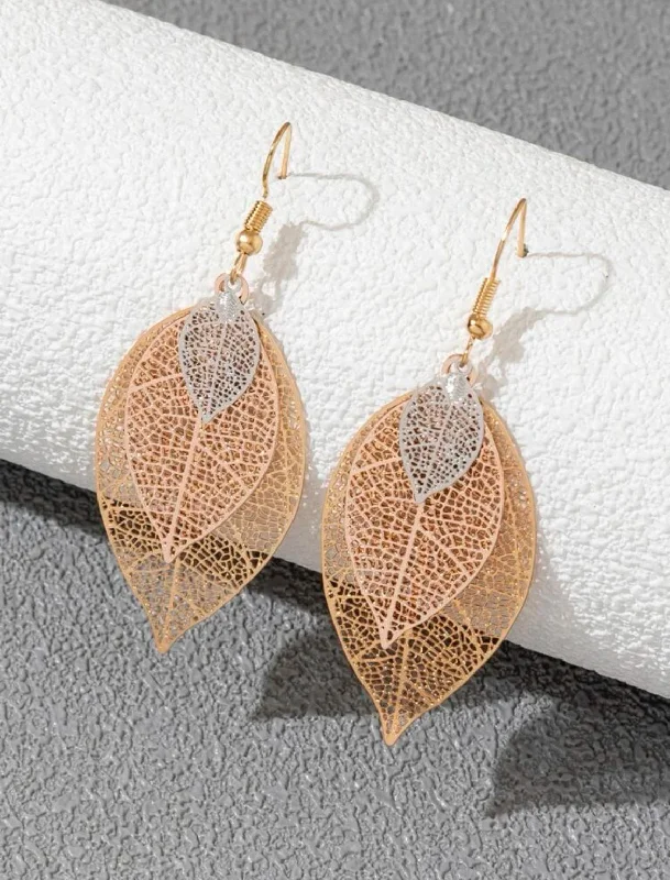 Ladies earrings youthful charm-Beautiful Gold and Silver Leaf Drop Earrings