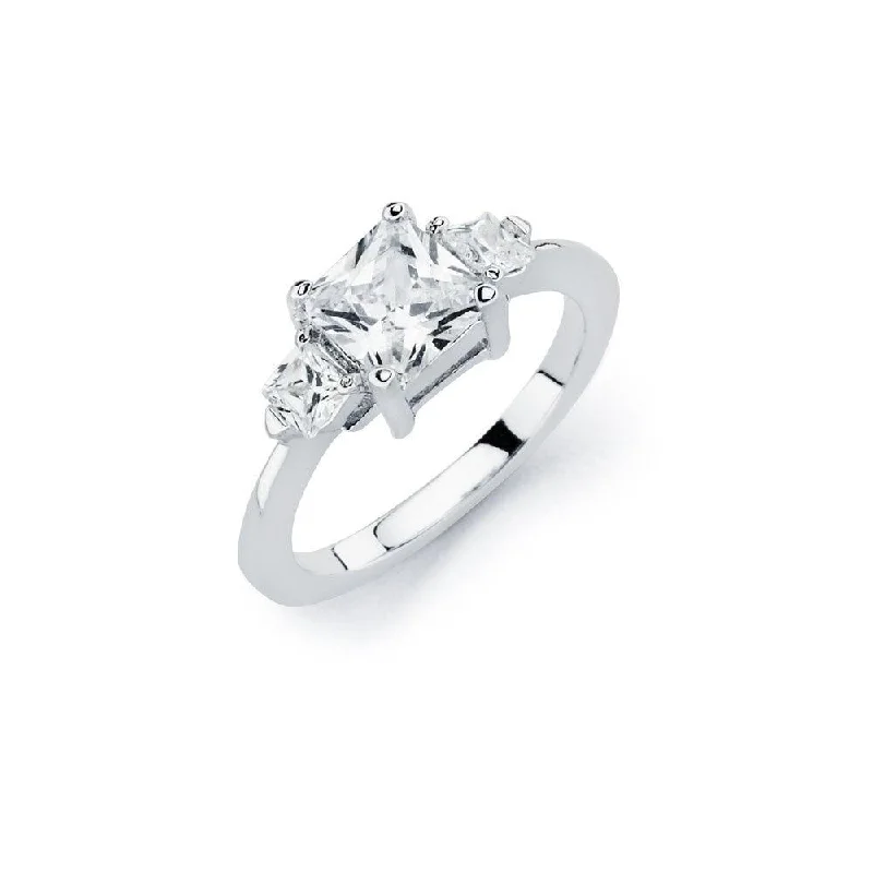 Ladies rings geometric patterns-Silver 925 Rhodium Plated Clear Square Center CZ Bridal Ring - BGR00763