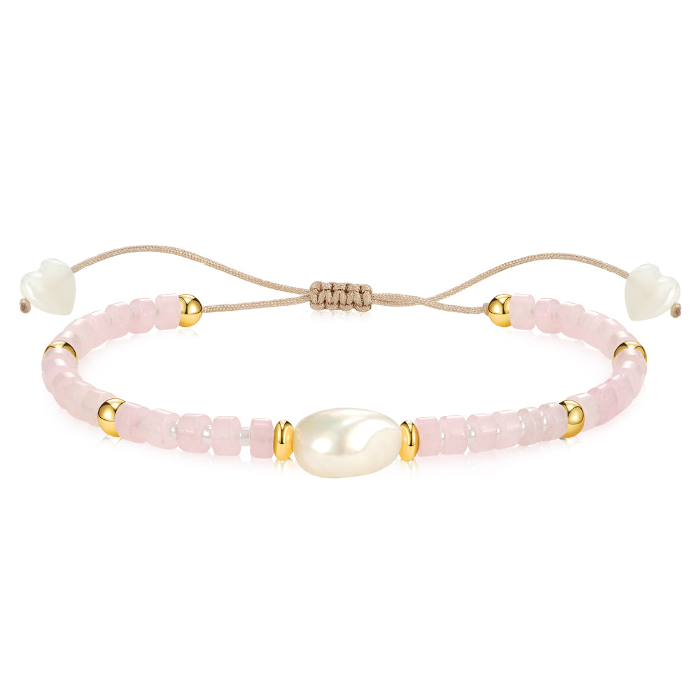 Ladies bracelets gold-plated-Adjustable Healing Crystal Bracelet Natural Rose Quartz Gemstones Beads with Irregular Pearl