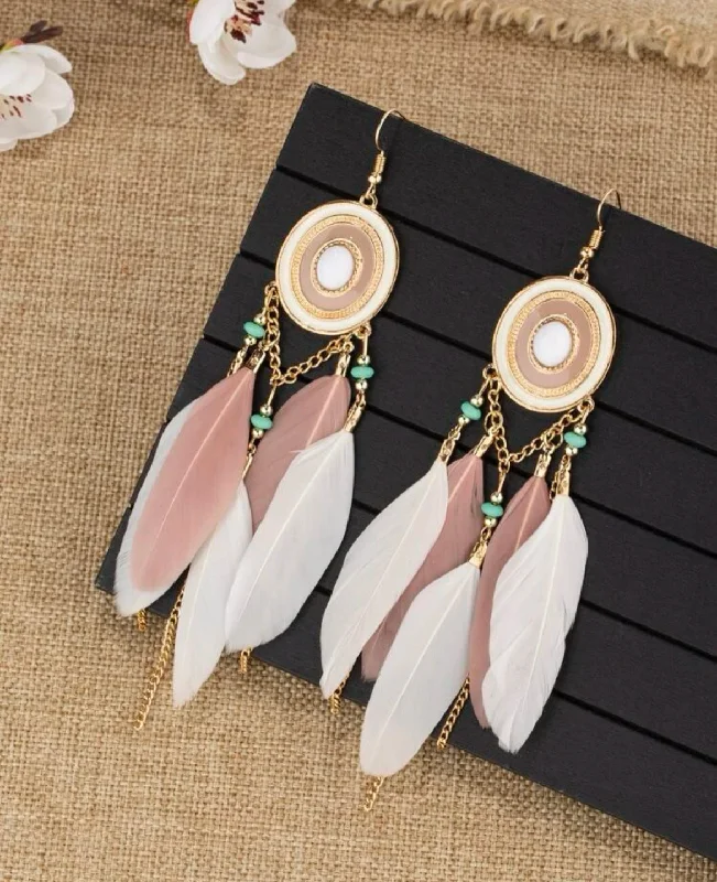 Ladies earrings European flair-Oval Pink and White Feather Tassel Earrings