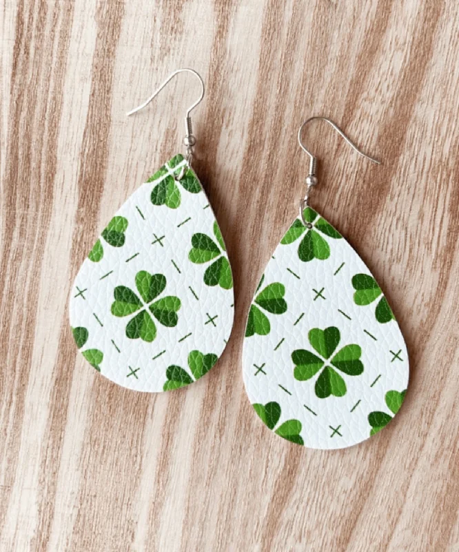 Ladies earrings pearl drops-Leather Shamrock Teardrop Earrings