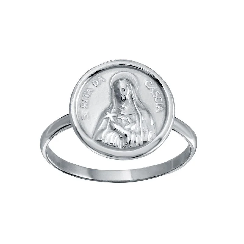 Ladies rings social media trends-High Polished 925 Sterling Silver Disc Mother Mary Design Ring - SOR00031