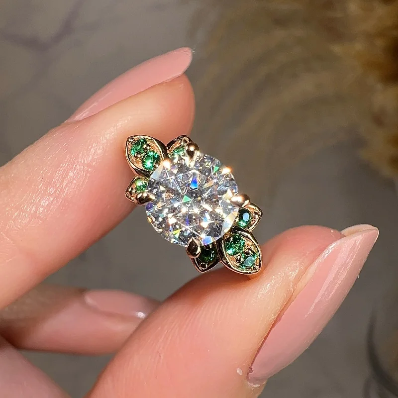 Ladies engagement rings price range-"Orla" Floral Round Brilliant Cut Diamond Green Leaf Marquise Emerald Rose Gold Engagement Ring