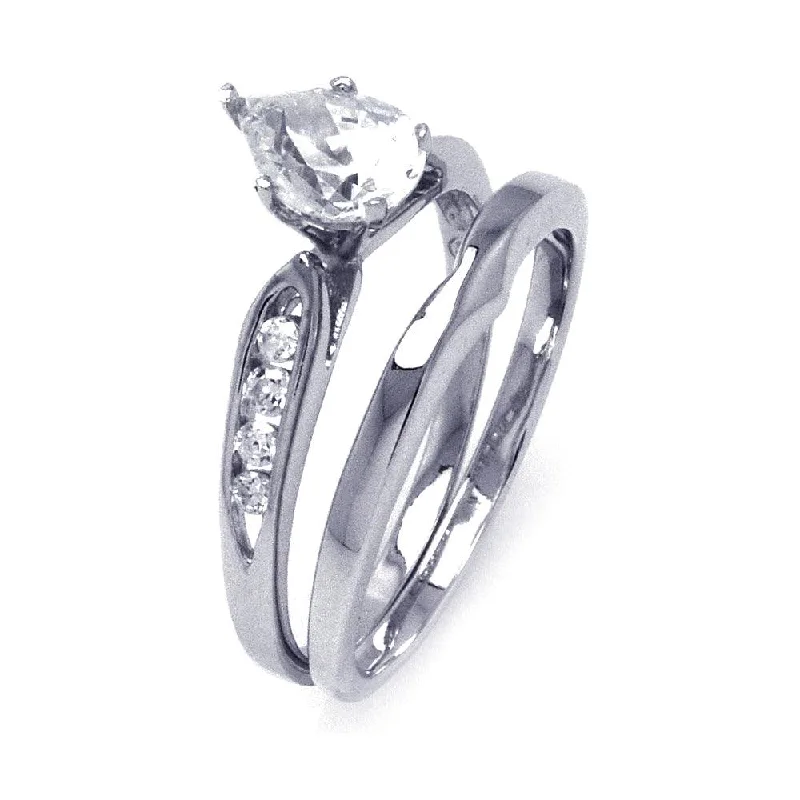 Ladies rings collectible items-Silver 925 Rhodium Plated Clear Teardrop CZ Bridal Ring Set - STR00843