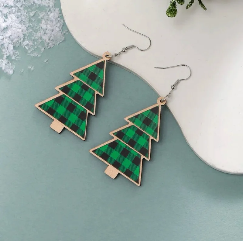 Ladies earrings pure silver-Wooden Green Plaid Christmas Tree Earrings