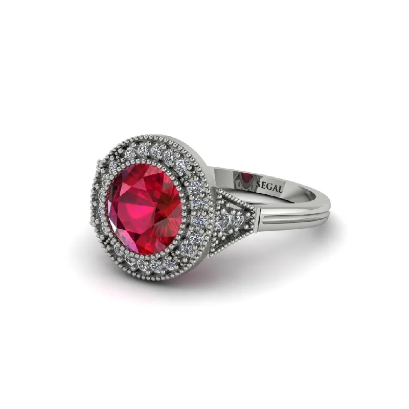 Ladies engagement rings vintage-inspired-Round Cut Ruby Milgrain Halo Engagement Ring - Maggie No. 12