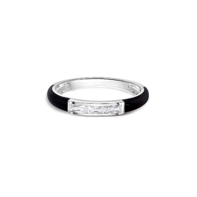 Ladies rings personalized-Rhodium Plated 925 Sterling Silver Clear Black Enamel Baguette CZ 2.5mm Ring - BGR01373