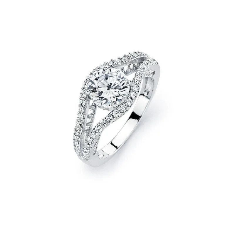 Ladies rings index finger-Silver 925 Rhodium Plated Round Clear Pave Set CZ Bridal Ring - BGR00447