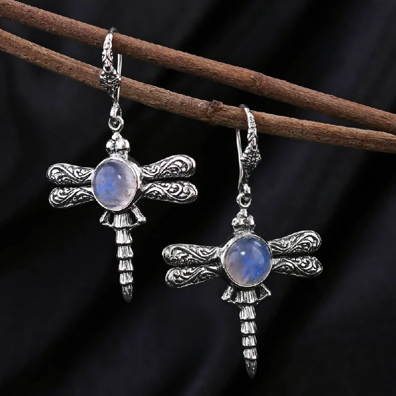 Ladies earrings celebrity trends-Rainbow Moonstone Dragonfly Earrings