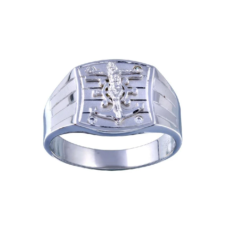 Ladies rings ethnic patterns-Rhodium Plated 925 Sterling Silver Crucifix Anchor CZ Hip Hop Ring - GMR00326